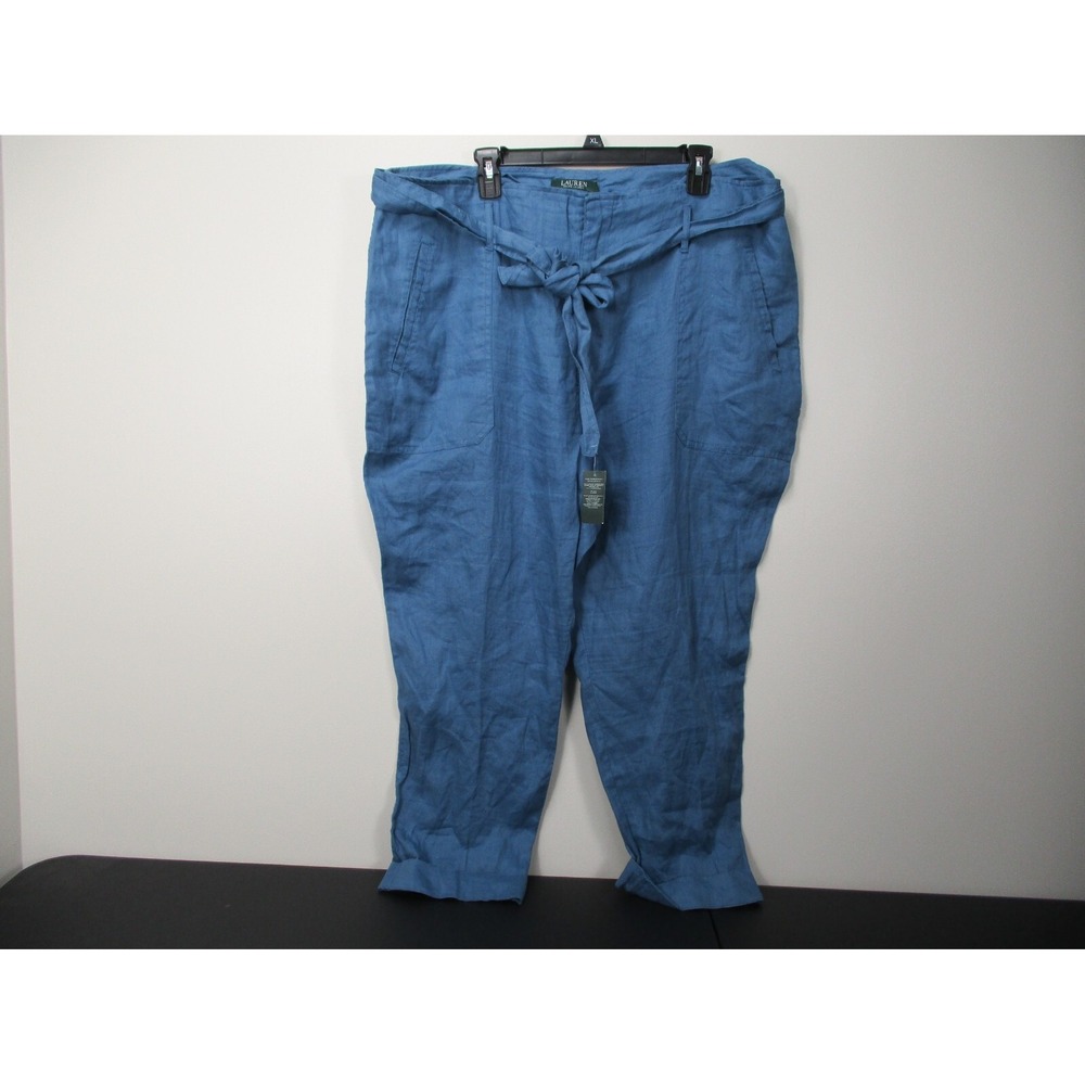 LRL Ralph Lauren Womens Dress Career Pants Blue Front Pockets Linen 18 Tie waist